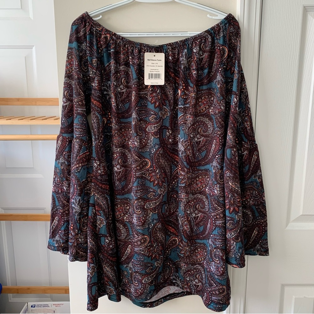 Winwin women Off shoulder bell sleeve Tunic Top Paisley print L-XL
